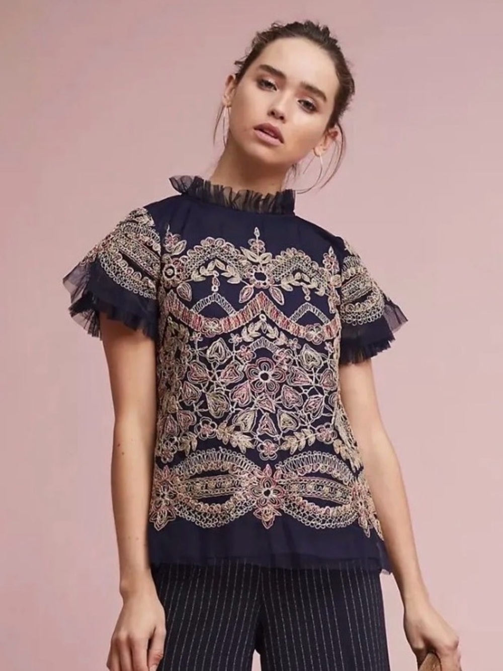 Ranna Gill for Anthropologie Ornate Embroidery High Neck Top Tulle Navy Blue XL